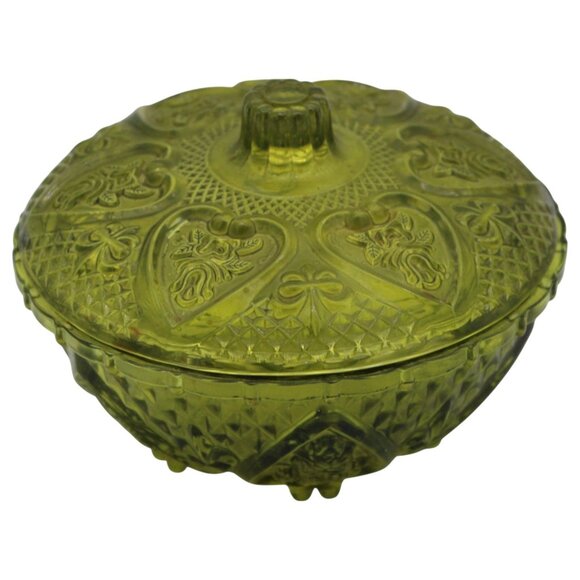 Green Depression Glass Lidded Candy Dish With Intricate Embossed Pattern - Picture 8 of 8